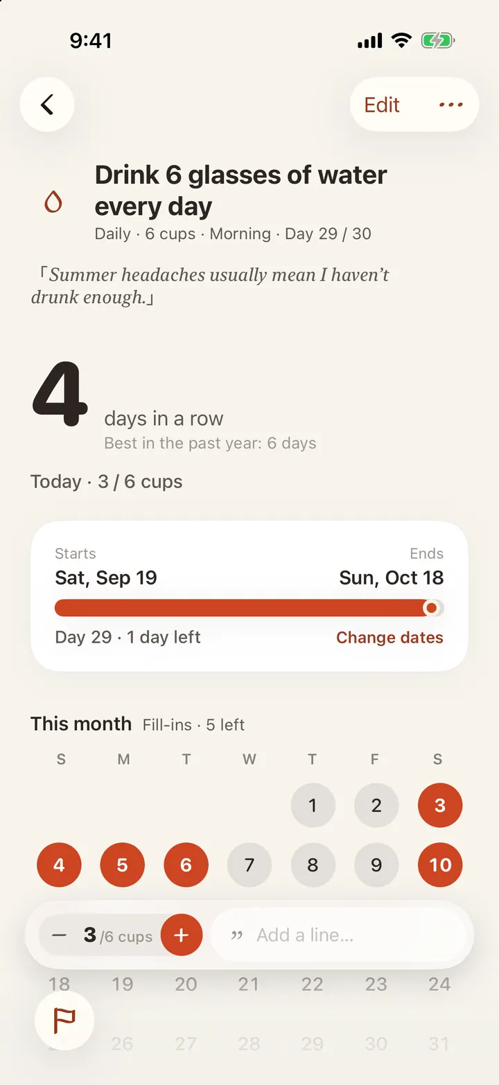 A goal with its streak and calendar