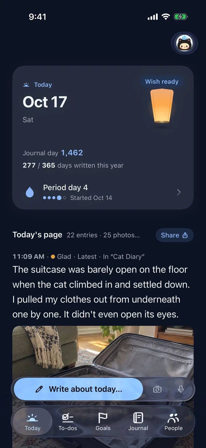 The Today page in a dark theme