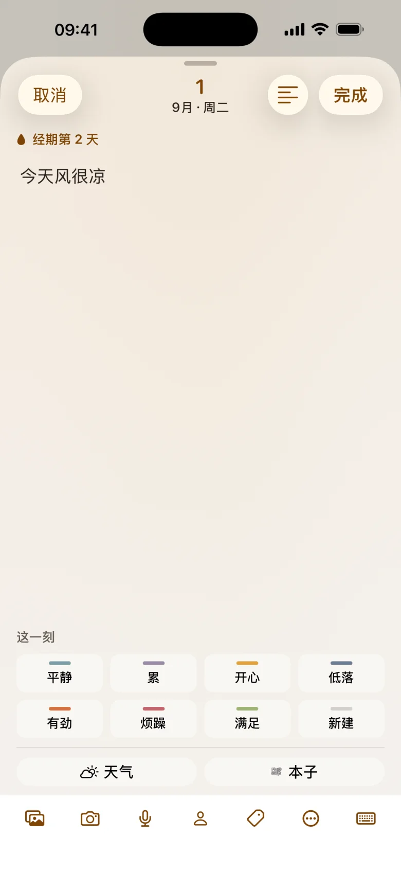 撰写页：写一句话，下面是心情、天气、地点和人物的快选条