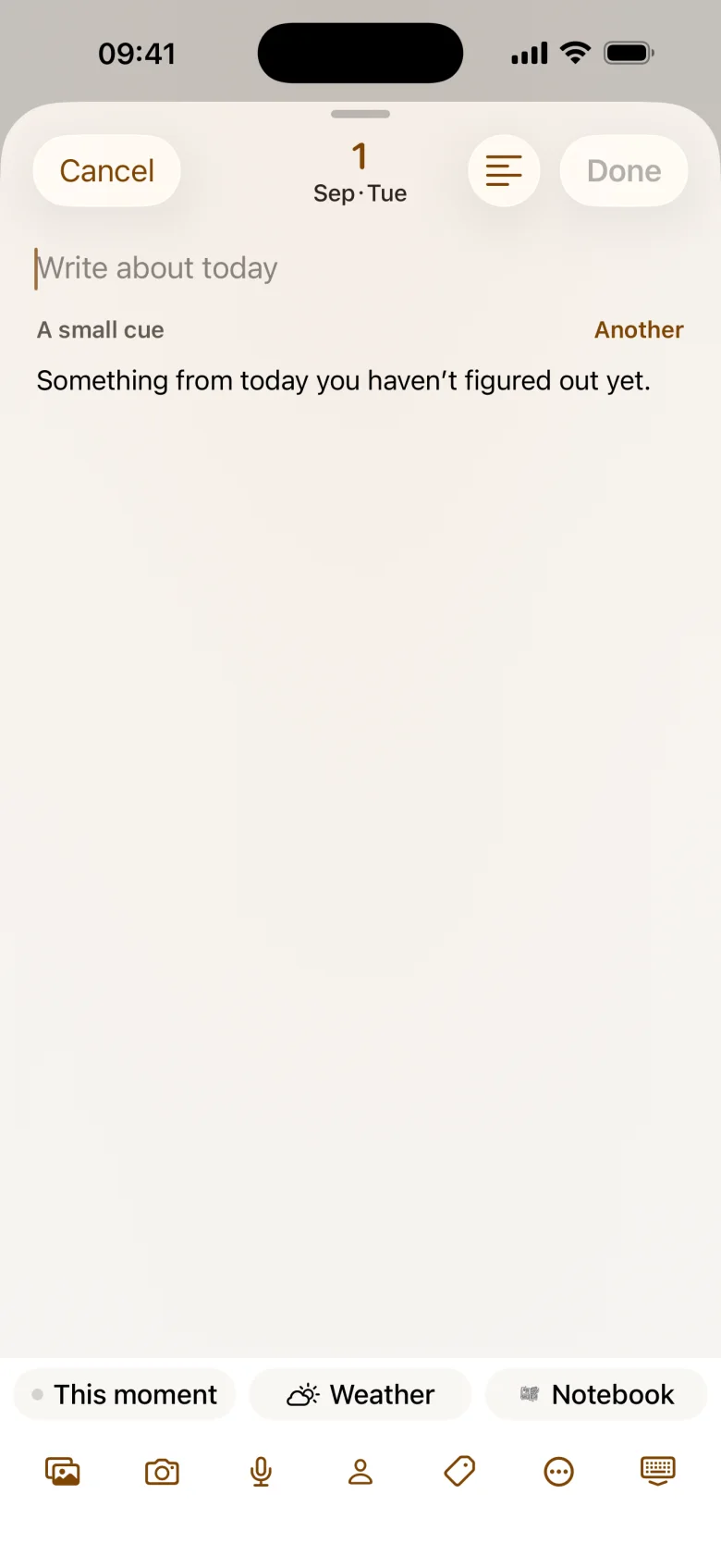 The compose screen: one line of text with quick pickers for mood, weather, place and people