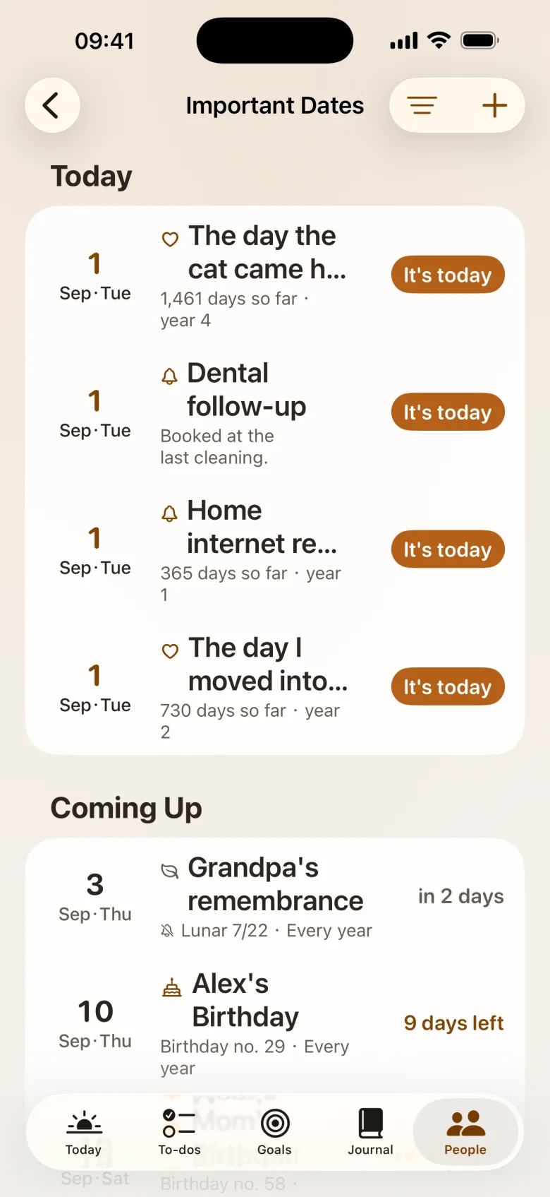 The important dates list: birthdays, anniversaries and days remaining