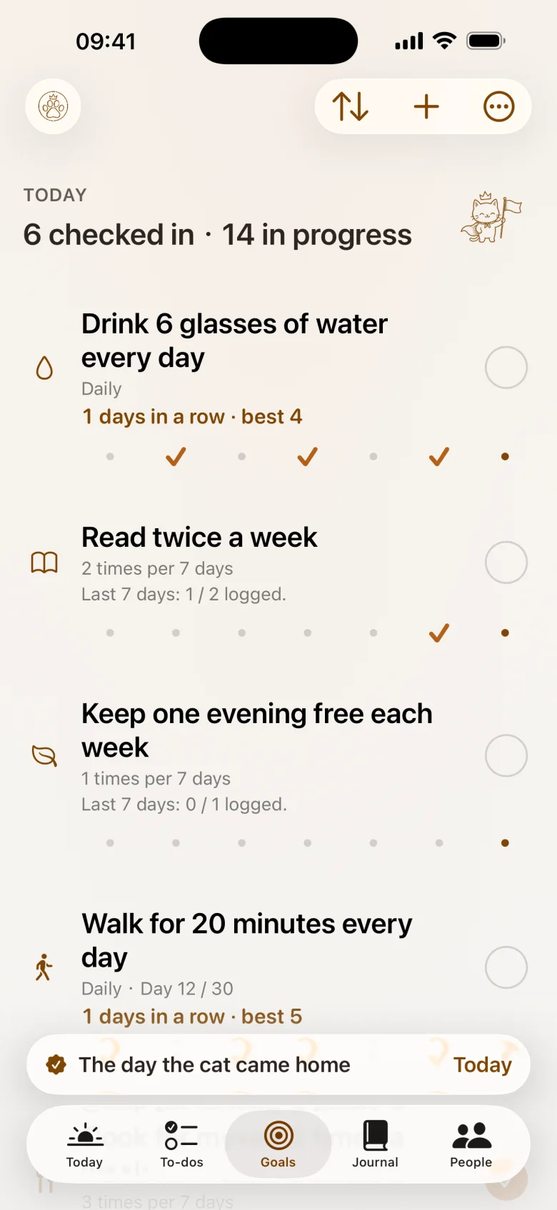 The goals page: today’s progress and streaks