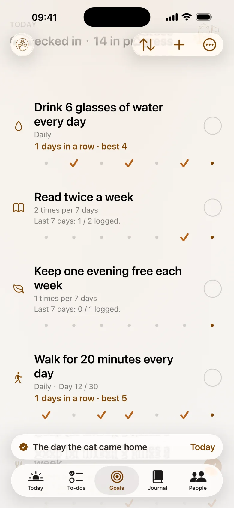 Goal cards with a week of check-in dots and today’s button
