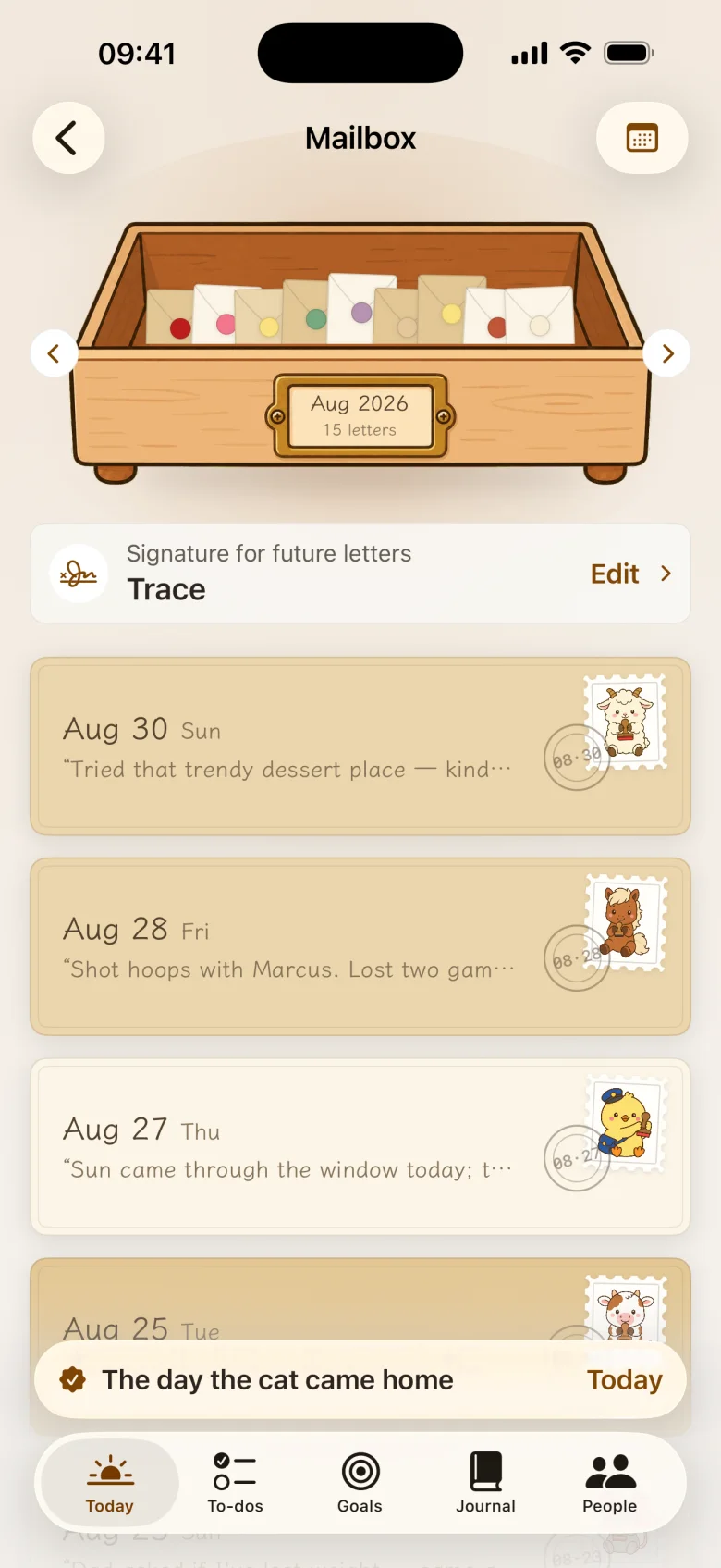 The mailbox: a wooden tray of letters with a list of sealed days below