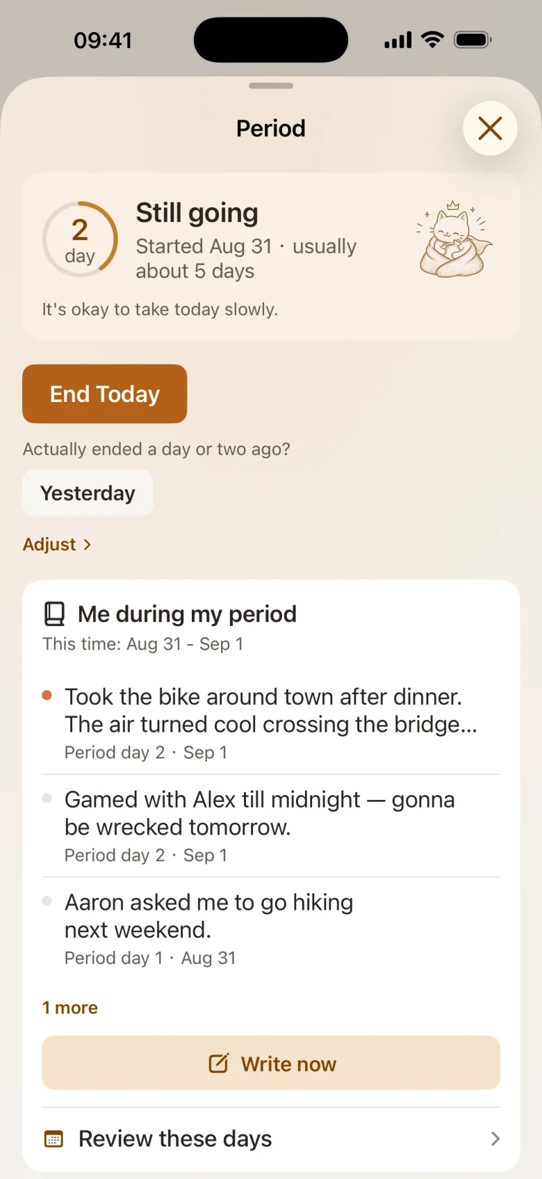 The period panel: day N as a ring, a mini calendar and past cycles