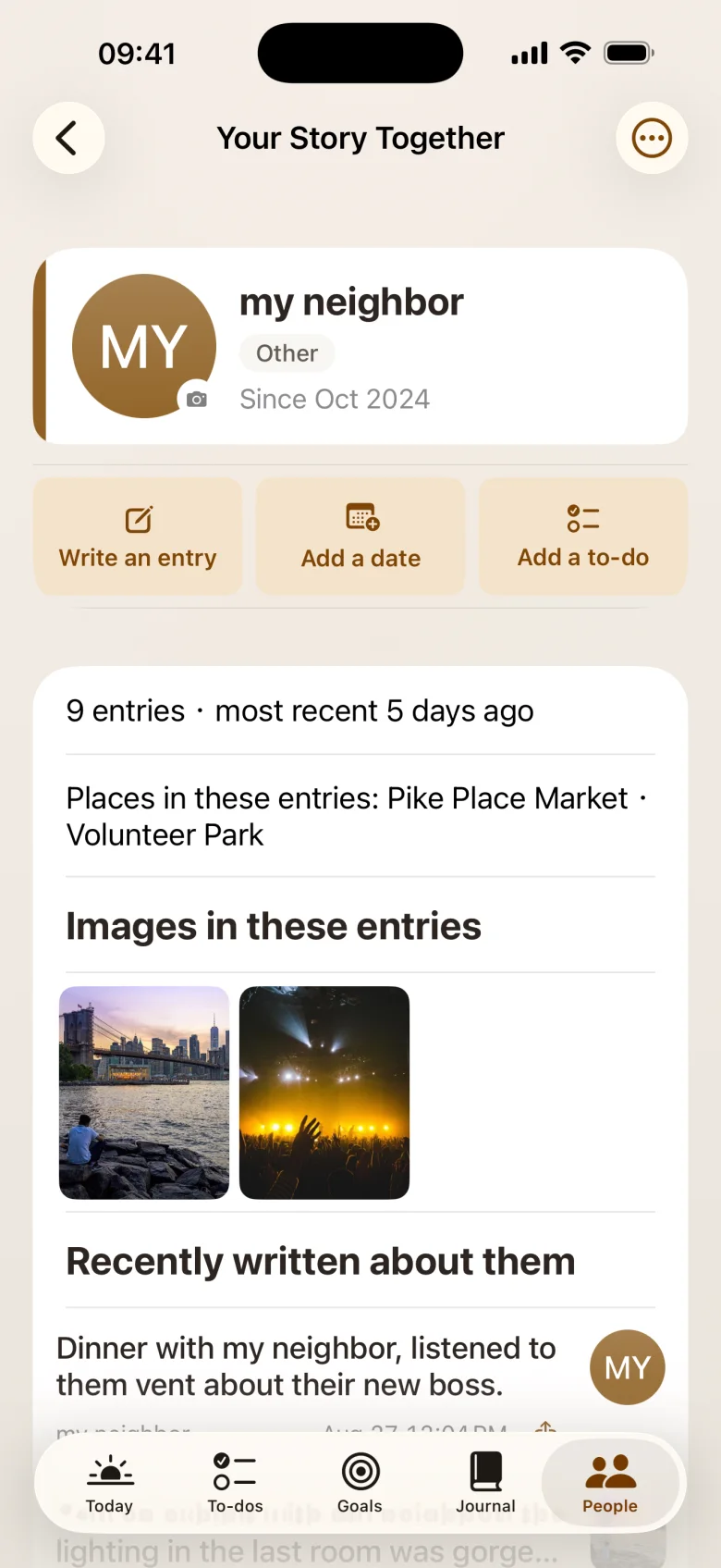 A person’s page: avatar, birthday countdown, how often you’ve written about them, places and photos