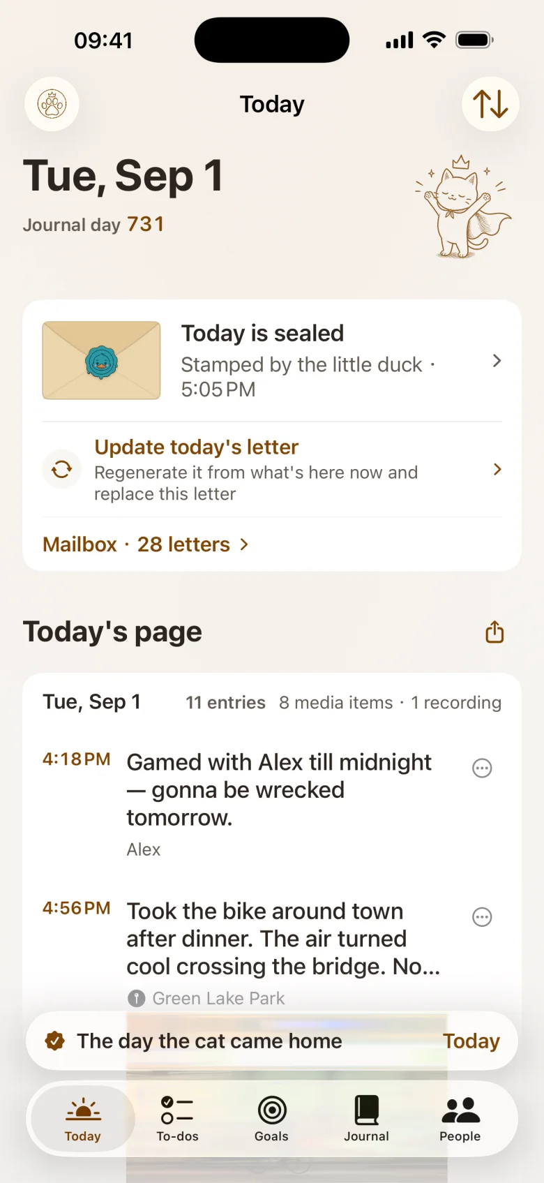 The Today page in the default warm theme