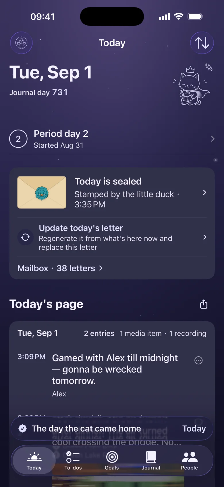 The Today page in a dark theme