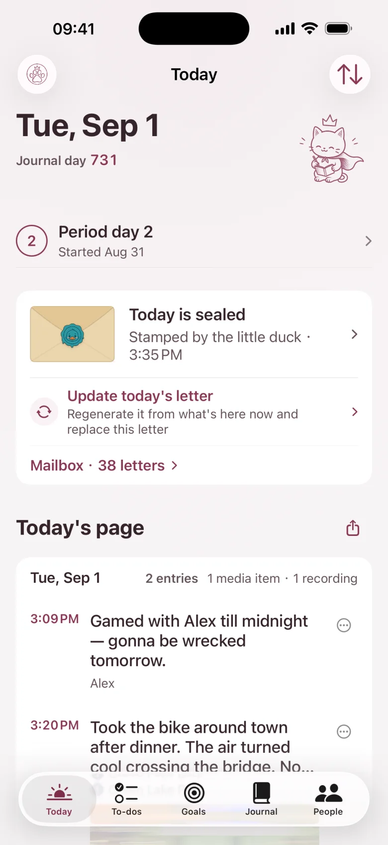 The Today page in a blossom theme