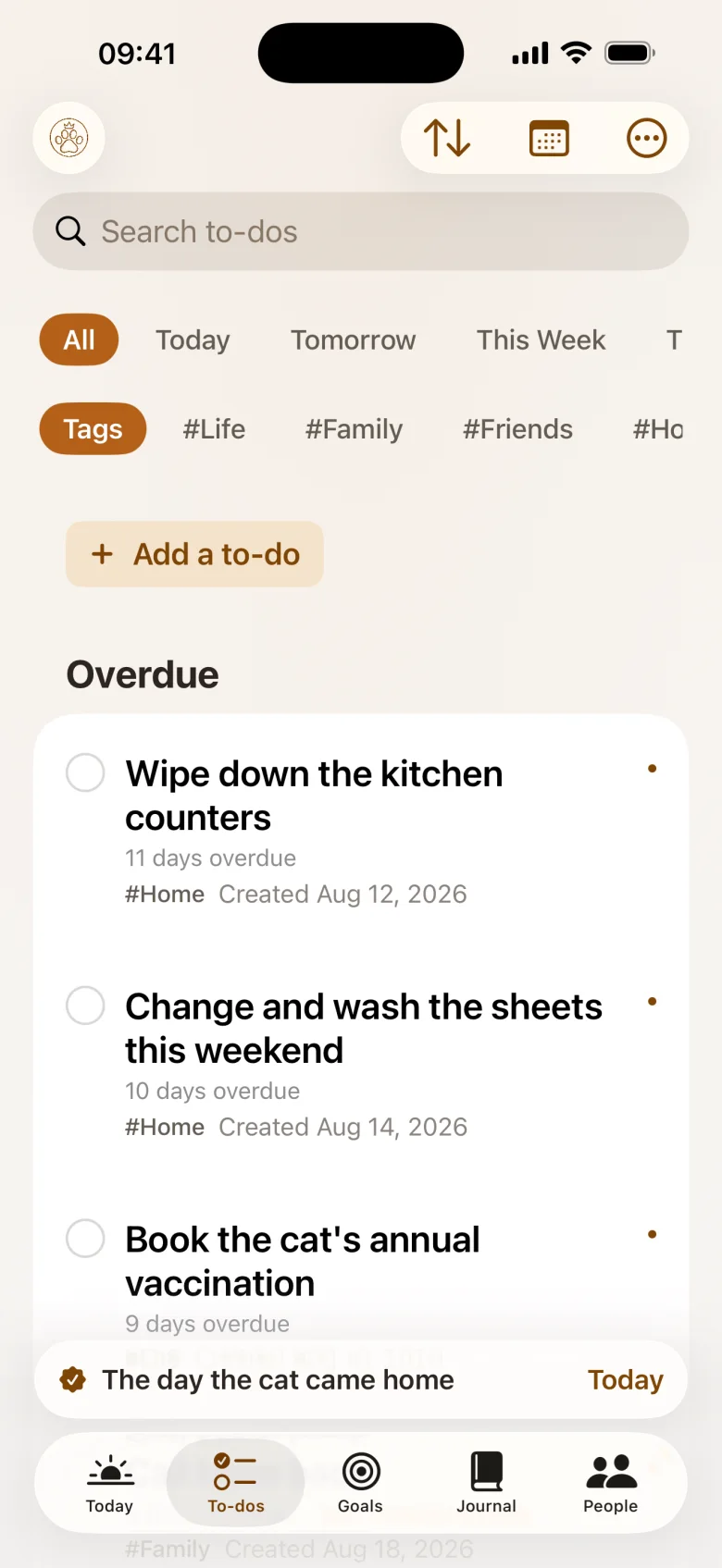 The to-do list with search, time filters and tag filters