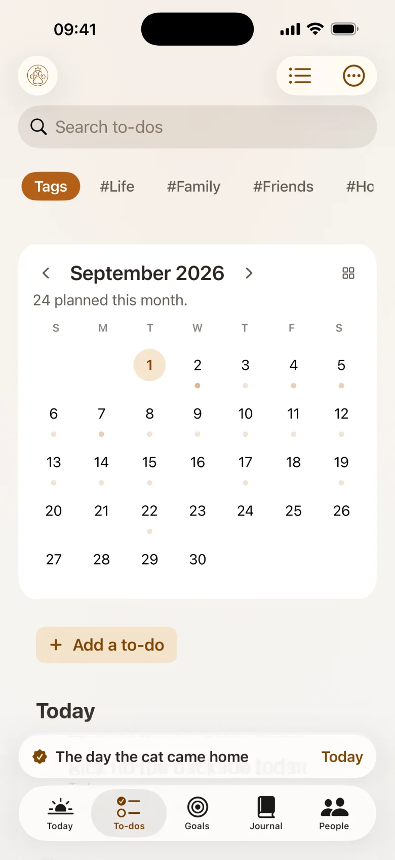 The to-do month calendar: 24 things scheduled this month, with a dot on every day that has one
