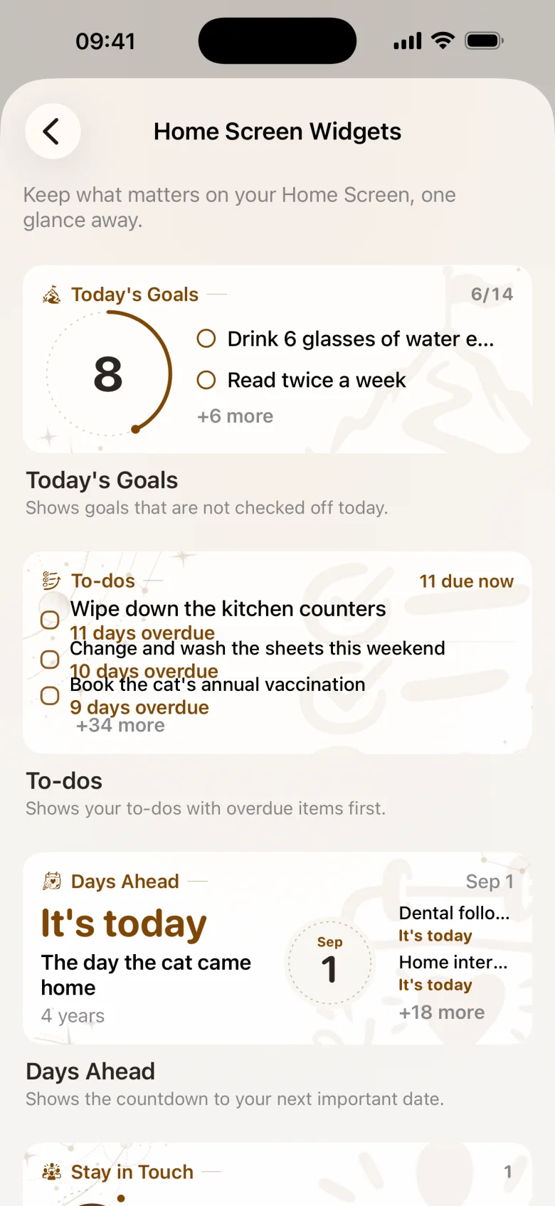 The widget guide with previews of the goal ring, to-do and upcoming-date widgets